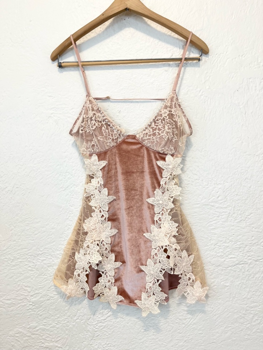 Pink Cream Velvet Lace Tunic Top Mini Fairy Boho S/M